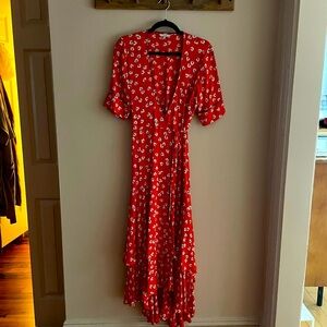 Ganni Red Floral Maxi Wrap Dress